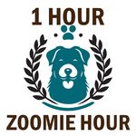 A digital graphic logo featuring a teal dog head silhouette framed by a dark olive green laurel wreath, with a teal paw print above. The text '1 HOUR' appears in dark brown at the top, and 'ZOOMIE HOUR' is written in the same brown font at the bottom, all on a solid white background.