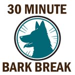 A square graphic with the words '30 MINUTE' at the top and 'BARK BREAK' at the bottom, surrounding a teal dog silhouette inside a circular badge on a white background.