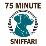 A logo-style graphic with the words “75 MINUTE” at the top and “SNIFFARI” at the bottom, surrounding a teal dog head silhouette framed by dark leafy branches on a white background.