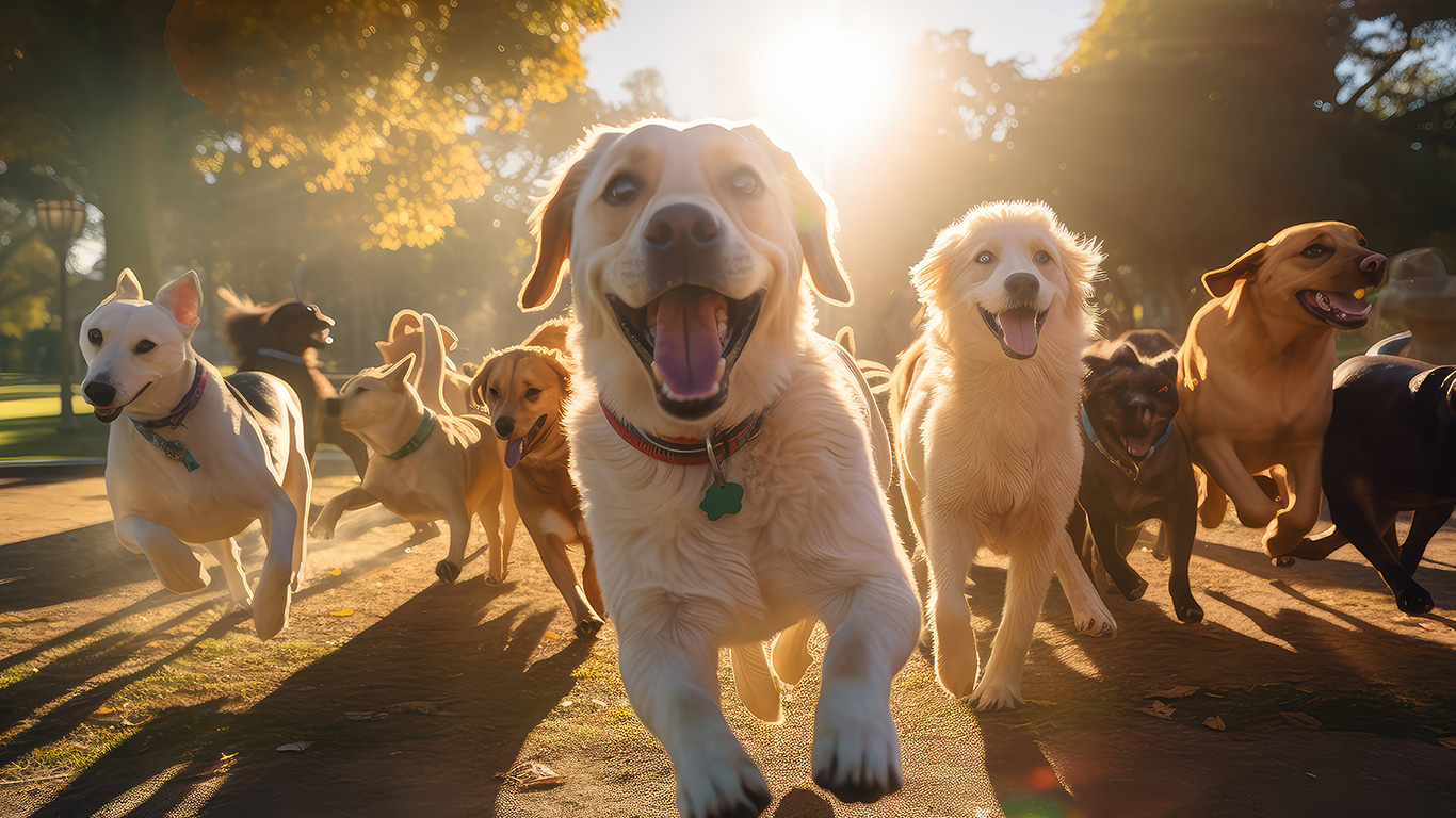 A group of happy dogs running together in a sunlit park, with a golden retriever centered in the foreground and warm sunlight filtering through trees behind them.

